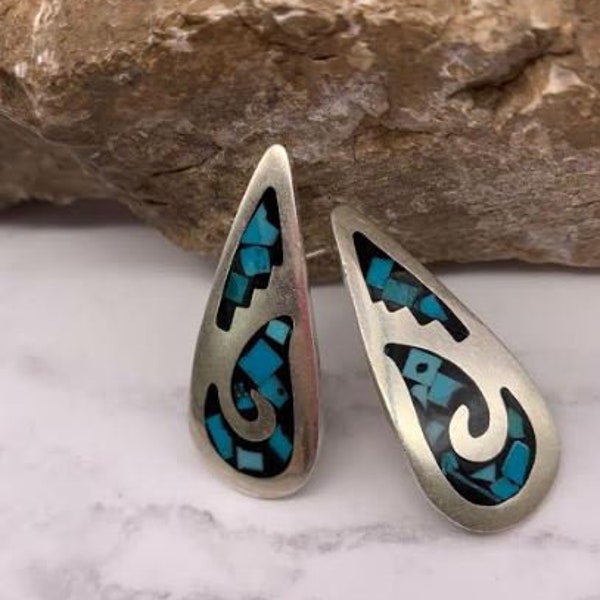 Southwestern Turquoise Drop Earrings, Teardrop Inlaid Chipped Turquoise and Onyx, Sterling Silver Posts, Native American Tribal Jewelry