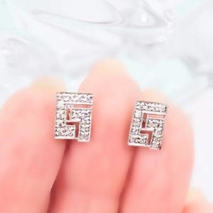 14K Weißgold griechischen Schlüssel Diamant Ohrstecker, leichte Weißgold, Handwerker echtes Weißgold griechischen Schlüssel Diamant Post zurück Ohrringe