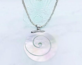 Mother of Pearl and Sterling Silver Pendant/Necklace, Iridescent Mother of Pearl, Cut Out Spiral, Thick Rope Link Chain, Ocean Jewelry
