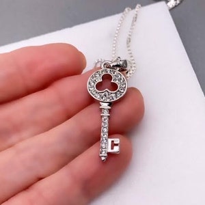 Sterling Silver Clover Key Pendant CZ Key Necklace, Sterling Silver Key Necklace, CZ Key to my Heart Necklace, CZ Gemstone Necklace