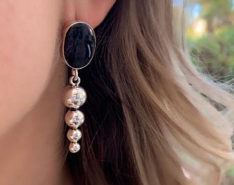 Black Onyx Sterling Silver Dangle Earrings with Cluster of Sterling Silver Balls in Sequence, Oval Onyx Drop Vintage Earrings Black Gemstone