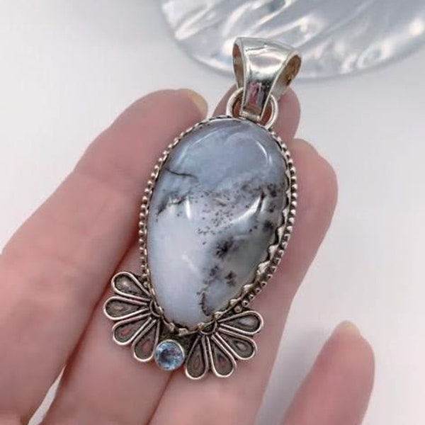 Blue and White Dendrite Opal, Teardrop Opal and Blue Topaz Gemstone Pendant/Necklace,  Iridescent  Detail Inside Fans at the Base of Pendant