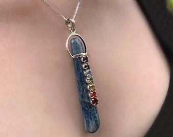 Sterling Silver Multi Gemstone Chakra pendant, Amethyst, Sapphire, Garment, Blue Topaz, Peridot, Onyx and Ruby CZ&#39;s set on Blue Quartzite