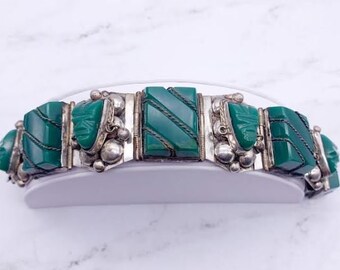 Green Onyx 1940&#39;s Mexican Silver Tribal Bracelet, Carved Mask has Movable  Earrings, Unique Vintage Link Bracelet, Taxco Mexico