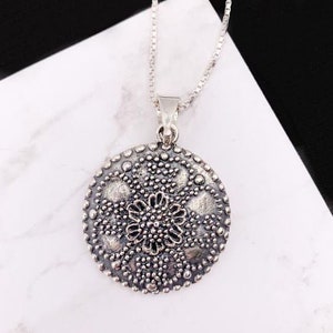 Sterling Silver Circle Pendant/Necklace|Detailed Beaded Flower|Silver Beaded|Textured 925 Silver| Large Vintage Sterling Silver Pendant