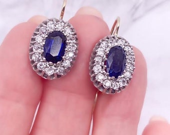 Sapphire and Diamond 14K White and Yellow Gold Earrings, Sapphire Diamond Quality Gold Setting,Elegant Velvet Blue Sapphire Natural Diamonds