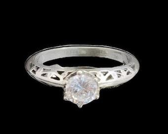 Sterling Silver Cubic Zirconia Ring, Filigree Silver Band, Solitaire Center, Cutout Design, Engagement Ring, Vintage Sterling Faux Diamond