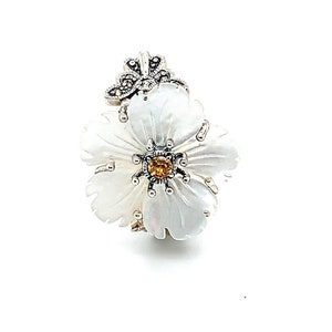 Mother of Pearl Sterling Silver Ring, Large Floral Golden Citrine & Marcasite Ring, Iridescent Mother of Pearl, Marcasite Butterfly Sides