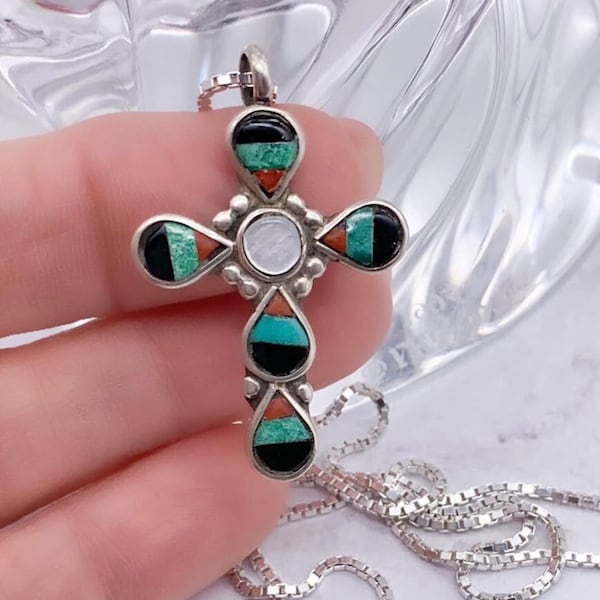 Zuni Inlay Cross Pendant/Necklace, Native American Zuni Inlay Sterling Silver Turquoise Coral Mother of Pearl Black Onyx Multi Stone Pendant