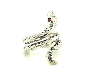 Snake Ring, Ruby Red Eyes, Sterling Silver Spiral Silver Ring, Wrap ring, Reptile, Serpent ring, Adjustable Coiled Snake, Red CZ Eyes