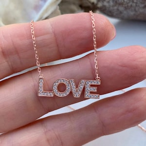 Rose Gold Overlay on Sterling Silver LOVE Necklace Love Letters in Cubic Zirconia, Rose Gold Love Pendent, Vermeil Love Necklace