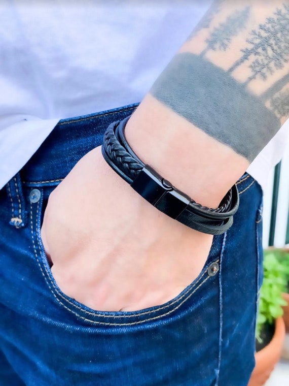Men's Leather Bracelet, Braided Band, Easy Slide … - image 1