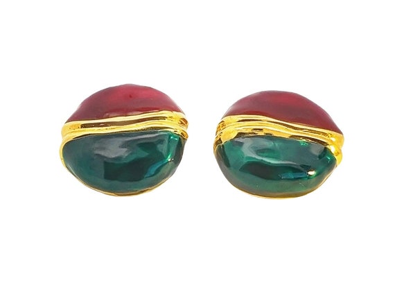 Emerald Green and Ruby Color Enamel Clip-On Earri… - image 1