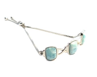 Larimar & Sterling Silver Bolo Bracelet, Platinum Coated 925 Adjustable Slider Bracelet, Individual Square Blue Dominican Larimar Stone