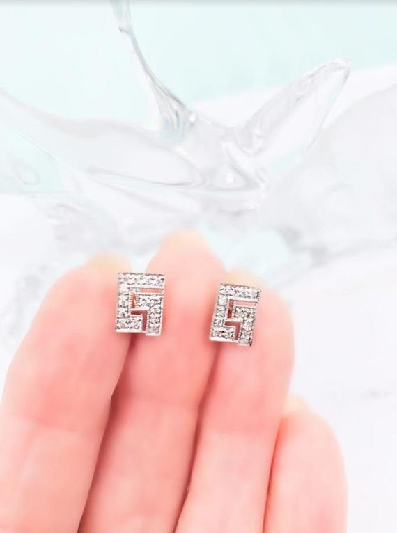 14K White Gold Greek Key Diamond Stud Earrings, Li
