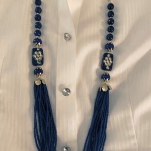 Lapis Blue Multi strand seed beads with Rhinestones and gold accents, Long Statement necklace, deep blue lapis lazuli sodalite beads