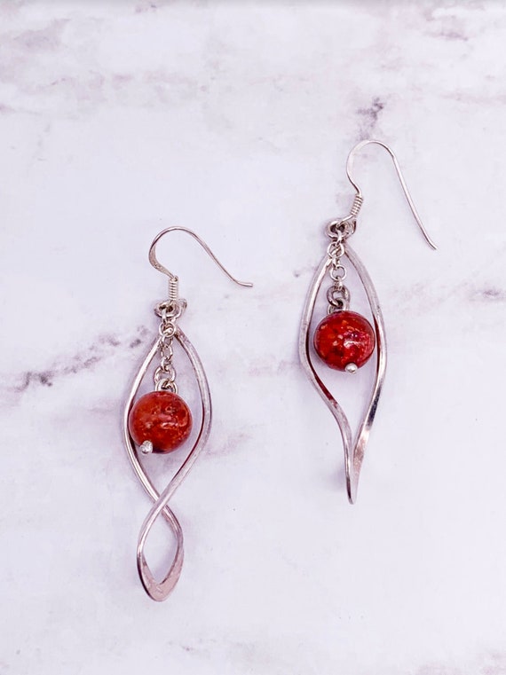 Red Coral Infinity Dangle Earrings, Red Coral Ball