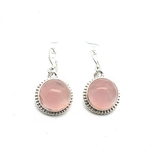 Sterling Silver & Rose Quartz Earrings, Round Pink Quartz Gemstone, Sterling Silver Dangle Earrings, Textured Bezel Setting, Vintage