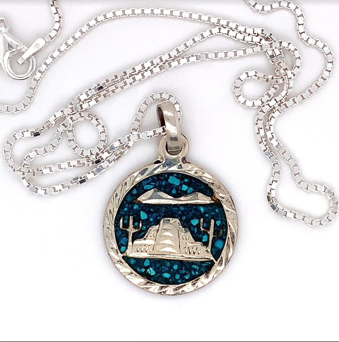 Sterling Silver Mexican Turquoise Mosaic Pendat/necklace, Blue
