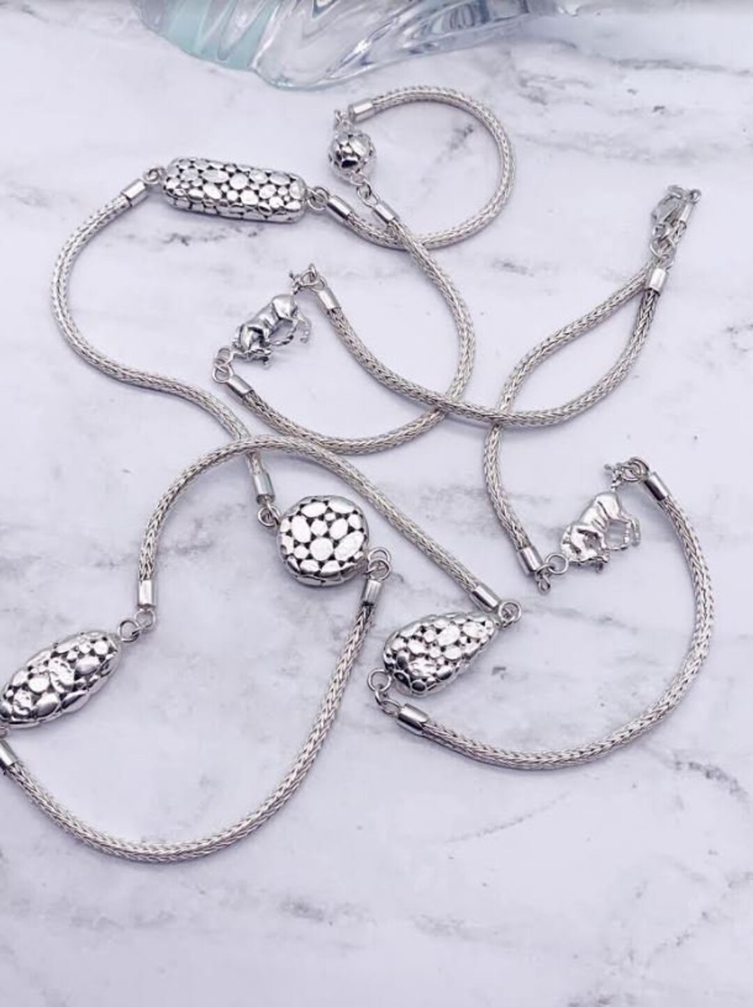 Sterling Silver Braided Rope Necklace, Geometric Shapes