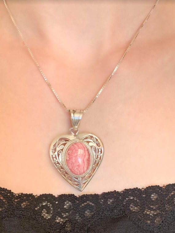 Pink Heart and Sterling Silver Pendant, Filigree V