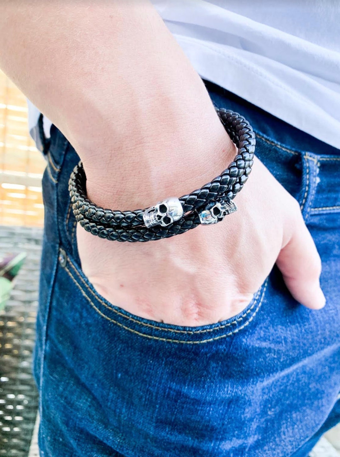 Men's Skull Leather Bracelet, Double Braided Band, Masculine