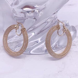 Gold Overlay on Sterling Silver Hoops, Beautifully Weaved Mesh Hoops, Minimalist Hoop, Light Weight Hoops, Classic Hoops, Vintage 925 Hoops