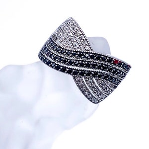 Sterling Silver Marcasite and Rhinestone Ring, Vintage 925 Silver & Black, Bold Ring, Vintage, Elegant Sparkling Statement Ring, Wide Band