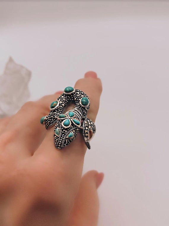 Turquoise & Sterling Silver Marcasite Snake Ring,… - image 1