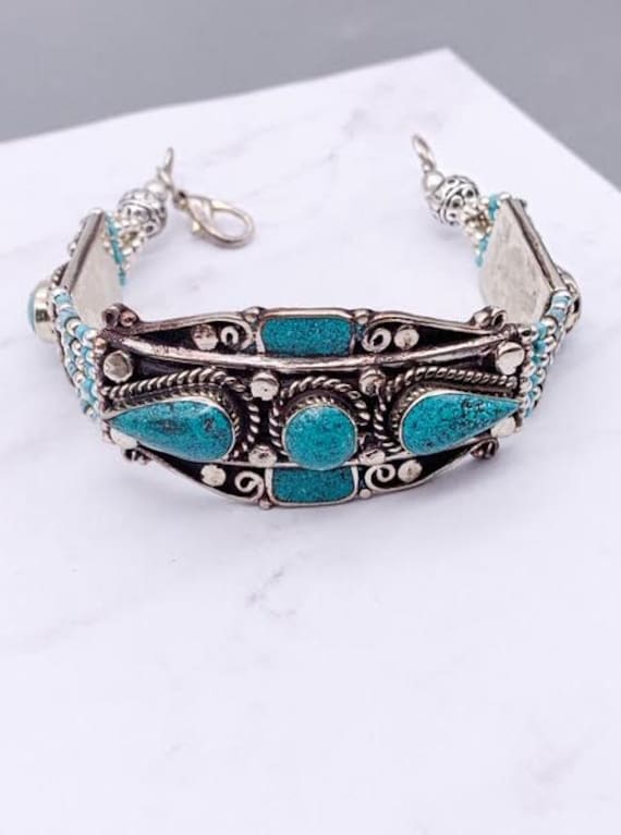 Turquoise, Silver over Brass, Handmade Nepalese A… - image 4