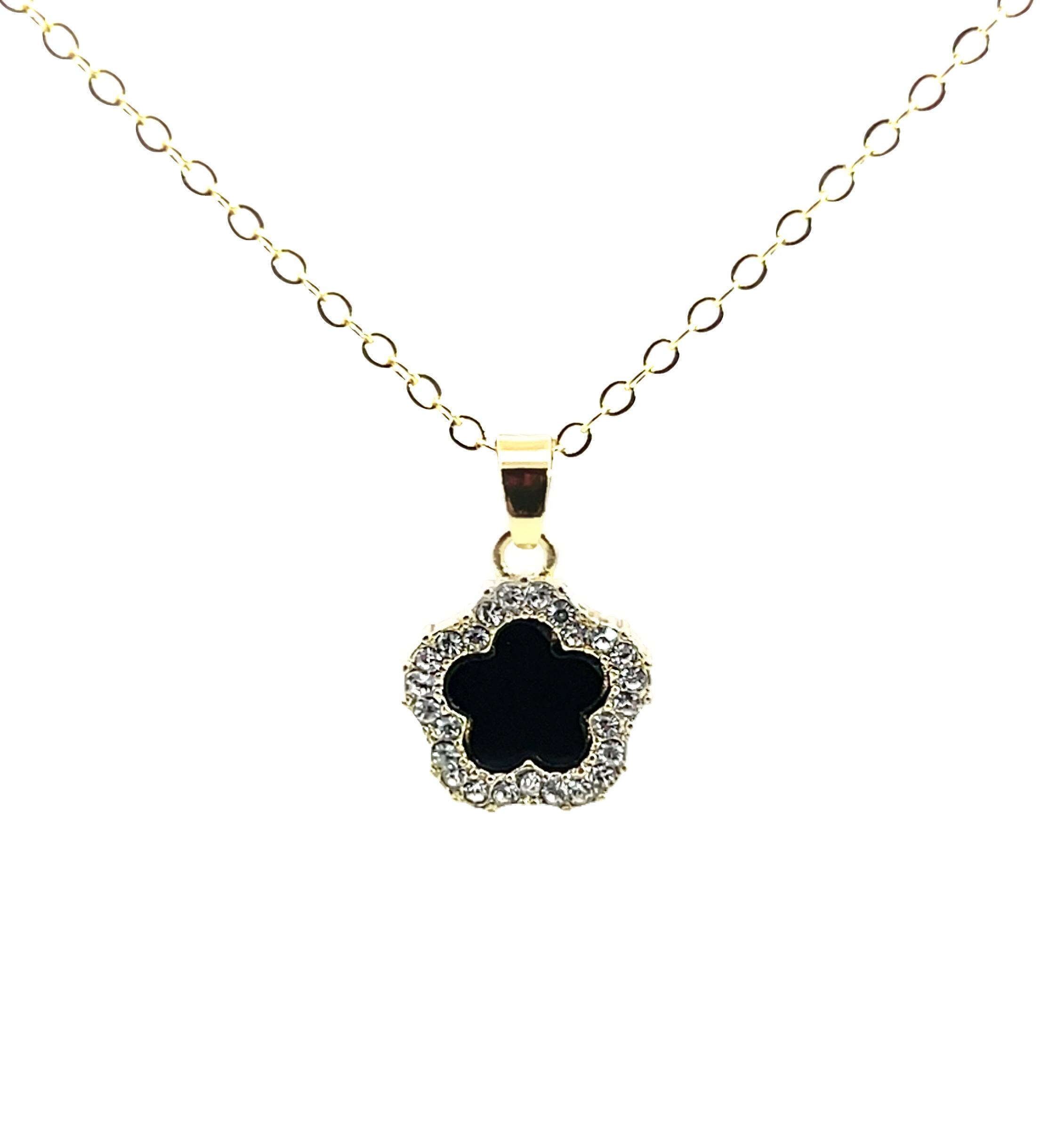 Black Onyx Clover Necklace, Cubic Zirconia Halo, Gold Vermeil