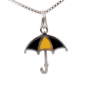 Sterling Silver Umbrella Charm Pendant, Yellow and Black Rainy Day Umbrella, Vintage Charm, New Box Chain, Bright Enamel, Umbrella Charm