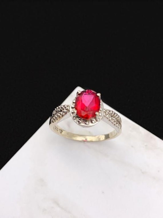 Sterling Silver Ruby Red and Clear Cubic Zirconia… - image 1