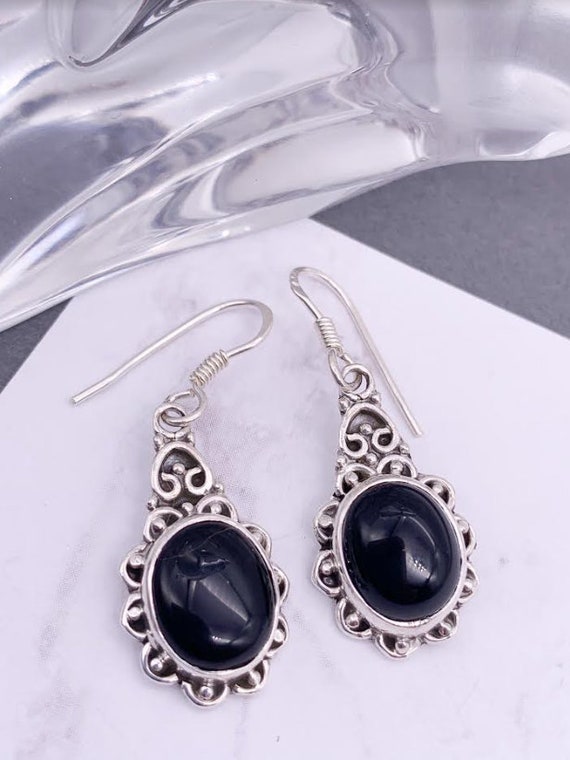 Sterling Silver Black Onyx Earrings, Detailed Swi… - image 1