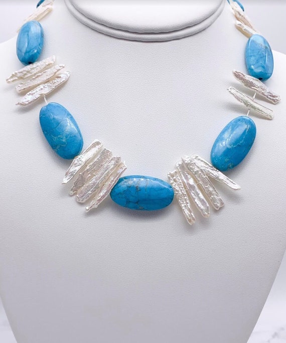 Fresh Water Tooth Shaped Pearl & Turquoise Colore… - image 1