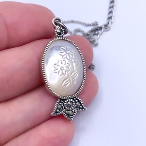 Sterling Silver, Mother of Pearl and Marcasite Necklace, Marcasite & Floral Mother of Pearl Pendant, Delicate, Elegant Etched Flowers