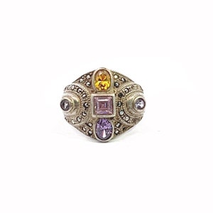 Sterling Silver Amethyst and Citrine Ring, Cocktail  Ring, Marcasite Textured Setting, Pink, Purple, Yellow Multi Colored Stones, Bold Ring