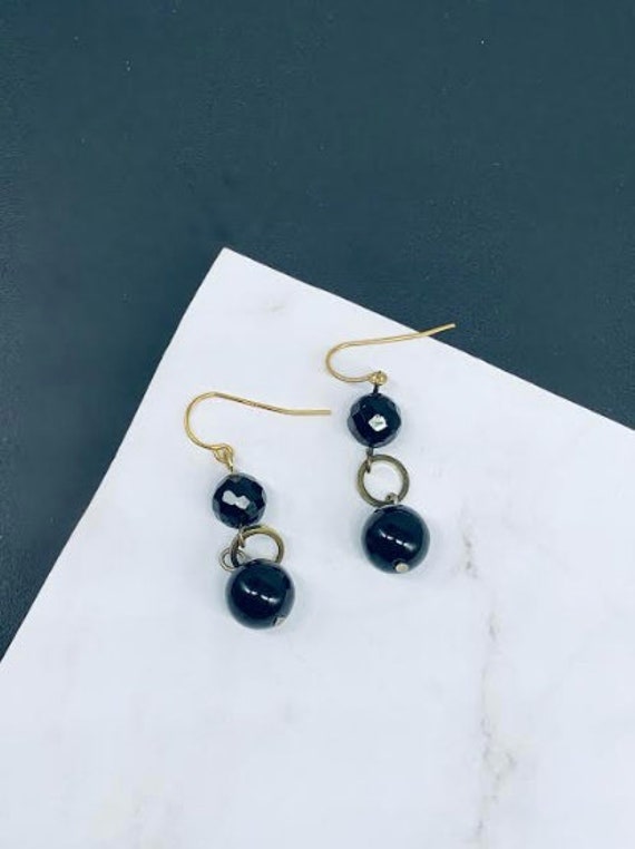 Black Onyx Earrings, Gold Filled Black Onyx Beade… - image 4