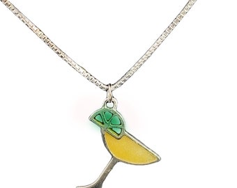 Sterling Silver Cocktail Glass Charm Necklace, Lime Wedge, Sterling Silver Charm, Margarita, Cocktail Jewelry, Yellow Glass, Vintage Charm