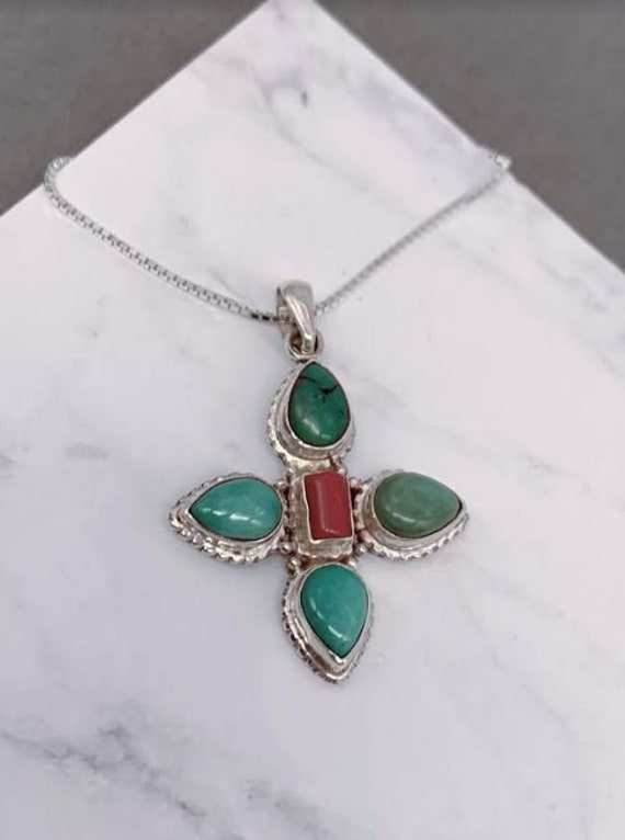 Turquoise and Red Coral Sterling Silver Pendant, T