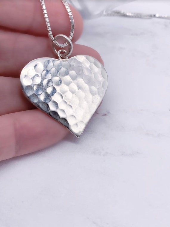 Sterling Silver Heart Necklace, Hammered Sterling… - image 3
