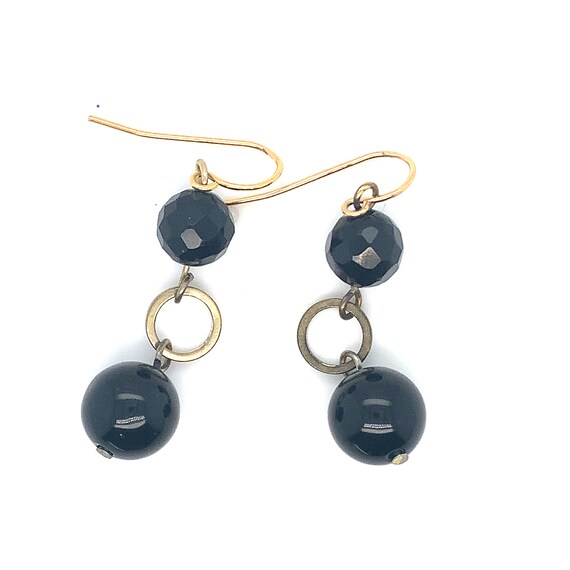Black Onyx Earrings, Gold Filled Black Onyx Beaded Dangle Earrings, Round Black Onyx Gemstones, Vintage Black Onyx  Drop Earrings