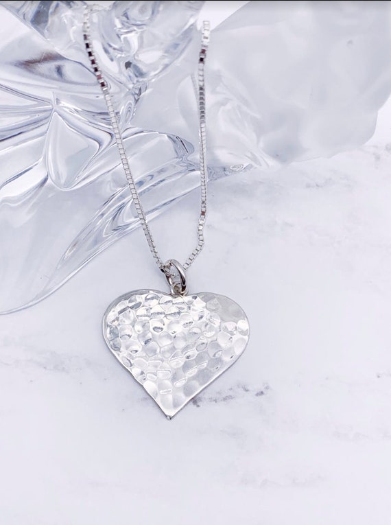 Sterling Silver Heart Necklace, Hammered Sterling… - image 4