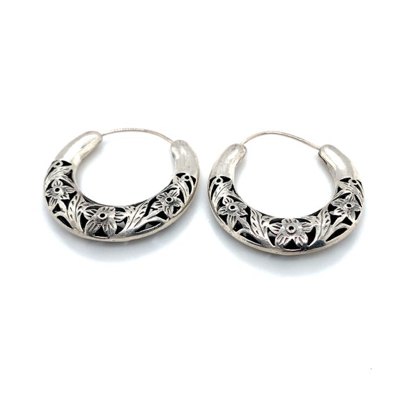 Sterling Silver Crescent Hoop Earrings, Classic Sterling Silver Hoops, Puff Filigree Crescent Light Weight Hoops, Unique Cutout Design