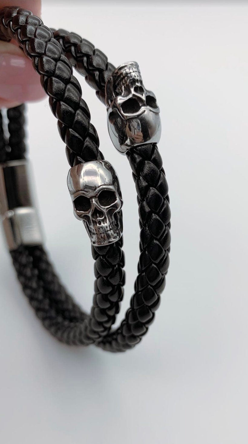 Men's Skull Leather Bracelet Double Braided Band Etsy