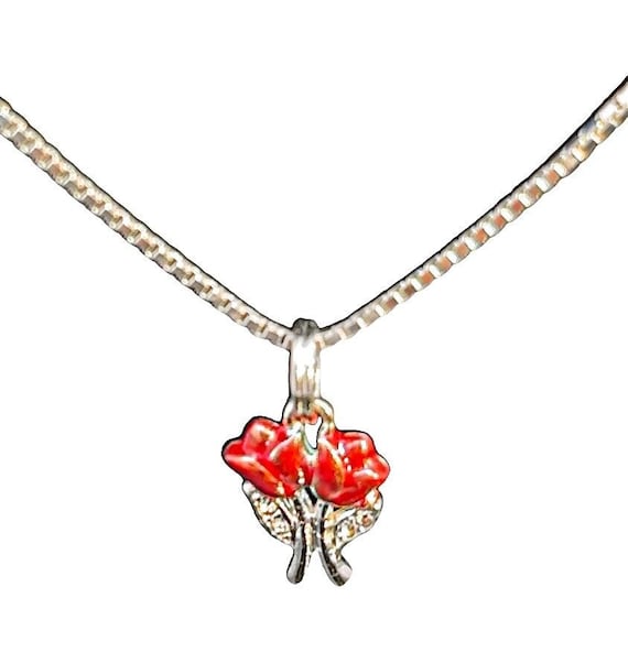 Red Rose Charm Necklace, Sterling Silver Charm Nec