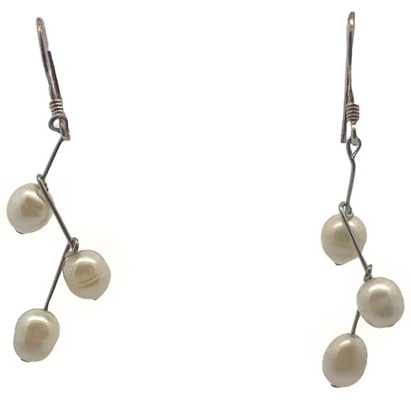 Fresh Water Pearl Earrings, Triple Pearls, Sterling Silver Ear-wires, Drop Earrings, Vintage White Pearls, Bridal Jewelry, Dangling Pearls
