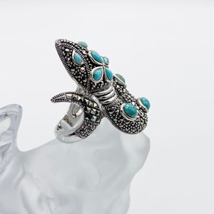 Turquoise & Sterling Silver Marcasite Snake Ring, Unique Reptile Jewelry, Sterling Coiled Snake Ring, Spiral Silver Snake, Silver Serpent image 3