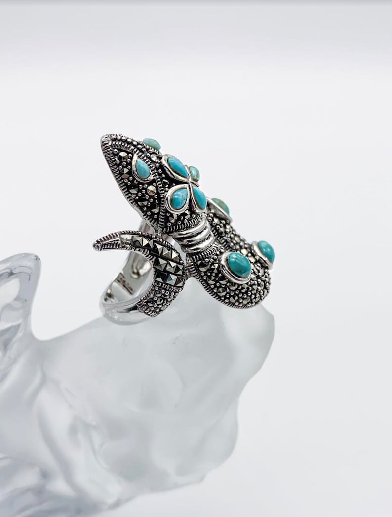 Turquoise & Sterling Silver Marcasite Snake Ring, Unique Reptile Jewelry, Sterling Coiled Snake Ring, Spiral Silver Snake, Silver Serpent image 3