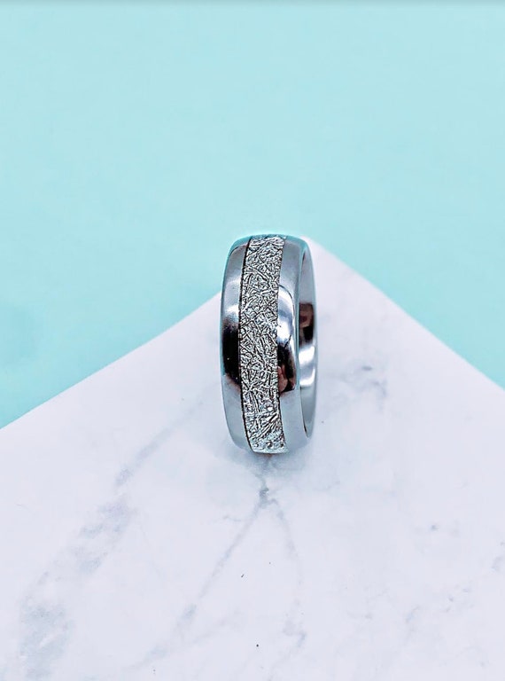Silver Men's Tungsten Ring with Meteorite Inlay,  